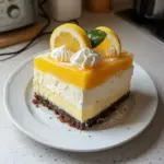 Delicious lemon mousse cake topped with fresh lemon zest and whipped cream