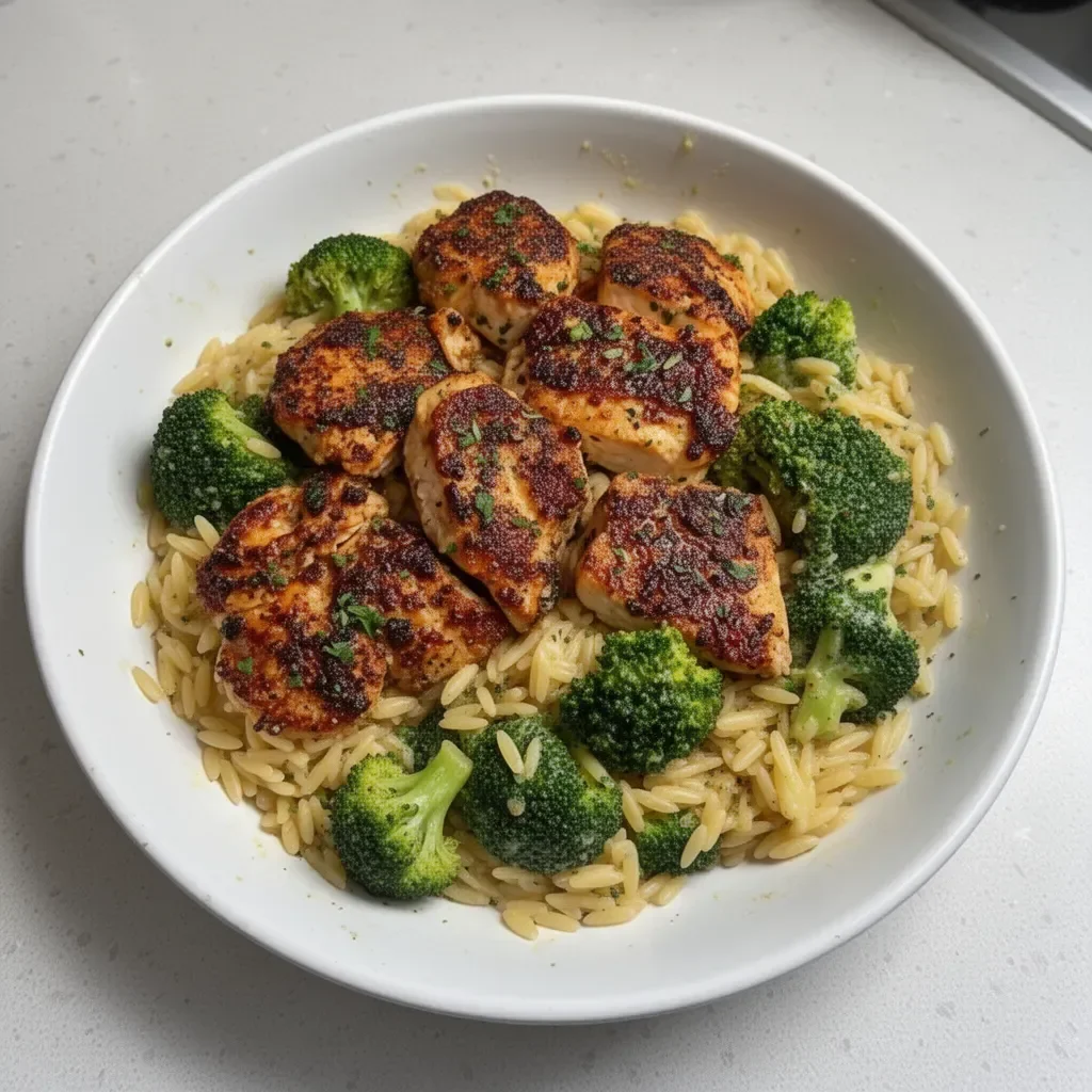 Lemon Pepper Chicken served with Broccoli Orzo on a plate