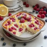 Lemon raspberry cottage cheese bake served in a stylish dish