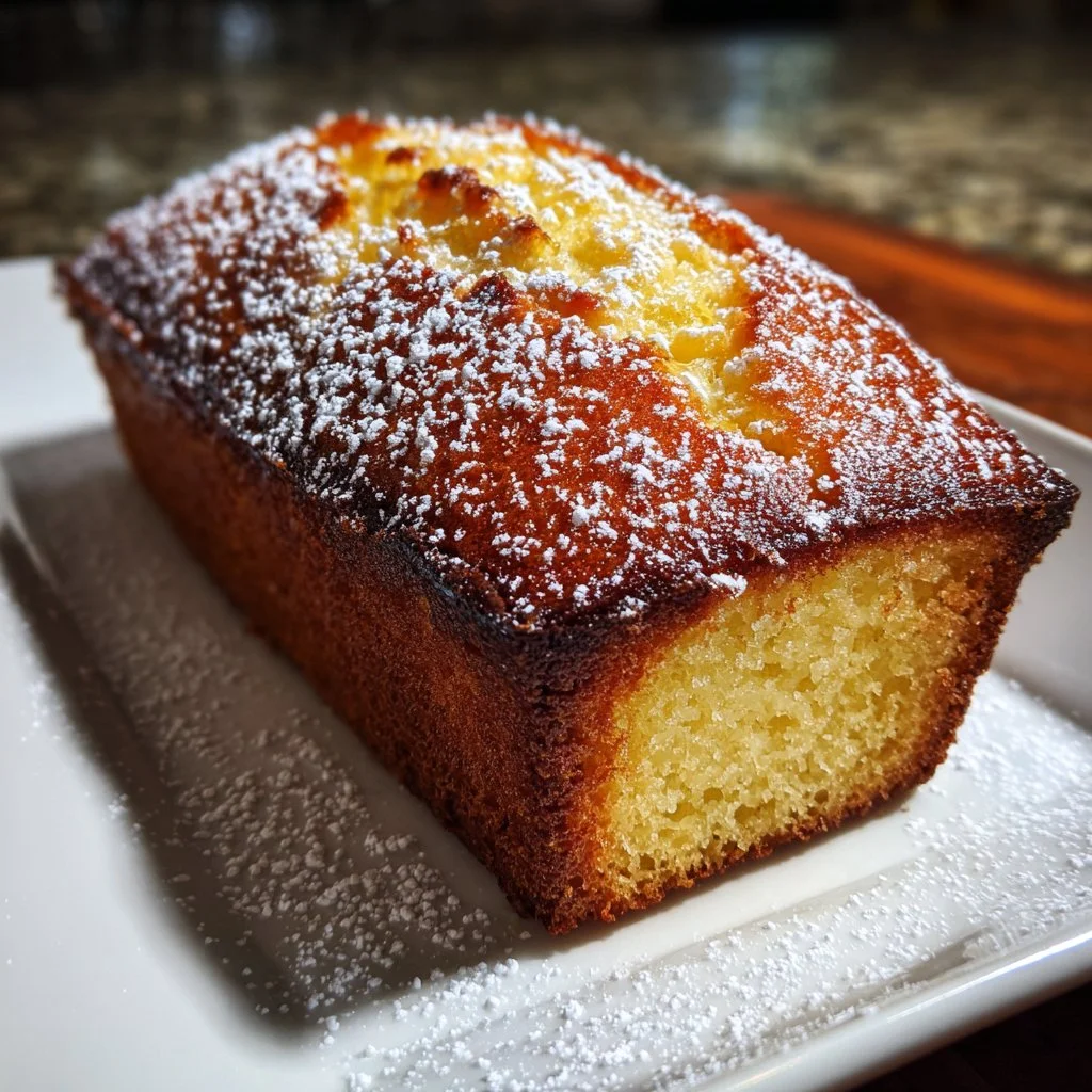 Delicious lemon yogurt cake topped with fresh lemon slices and powdered sugar