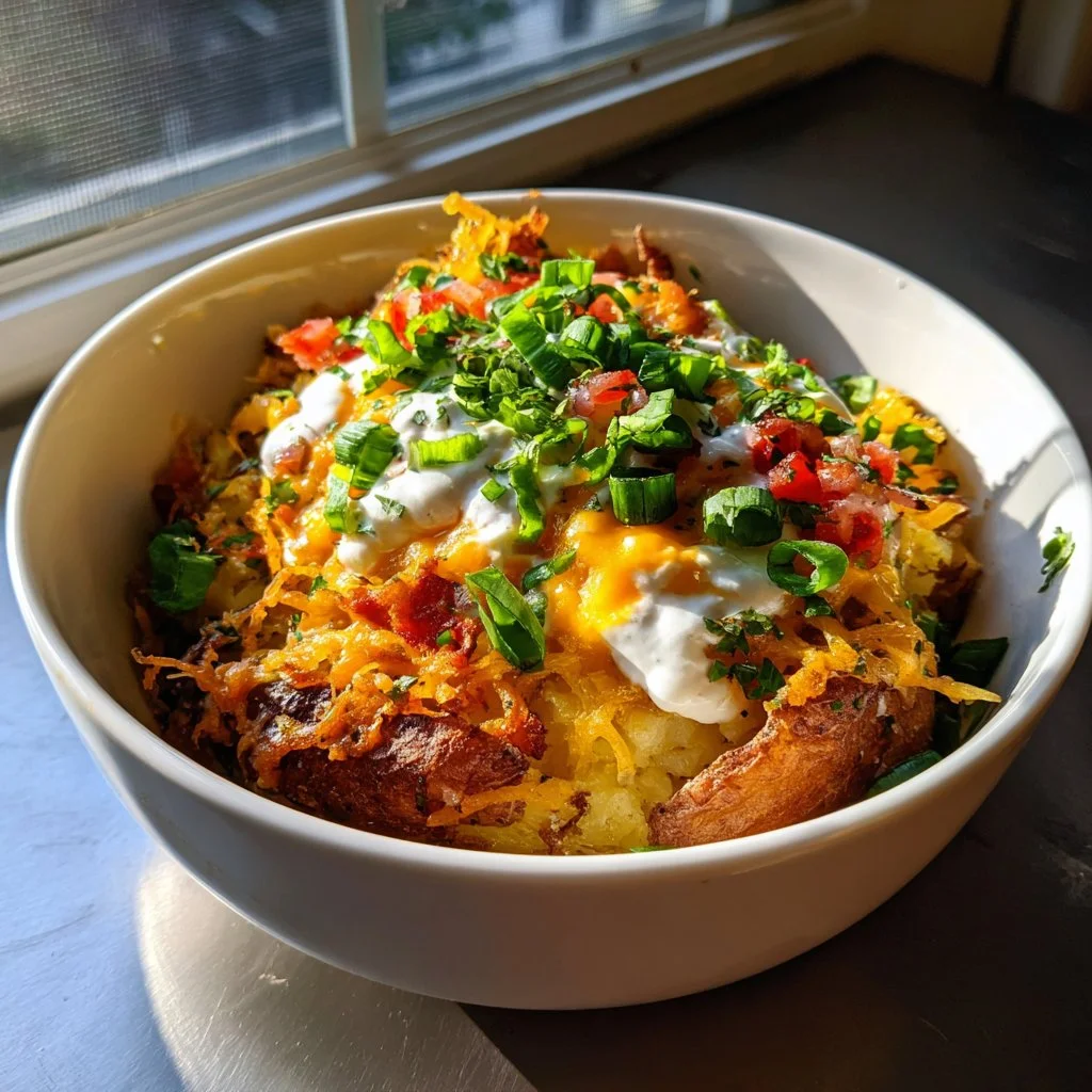 Delicious Loaded Fiesta Potato Bowls topped with fresh ingredients.