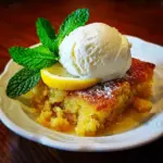 Delicious Magic Lemon Cobbler dessert served in a dish with lemon slices.