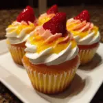 Mango Strawberry Cupcakes topped with fresh fruit and vibrant frosting