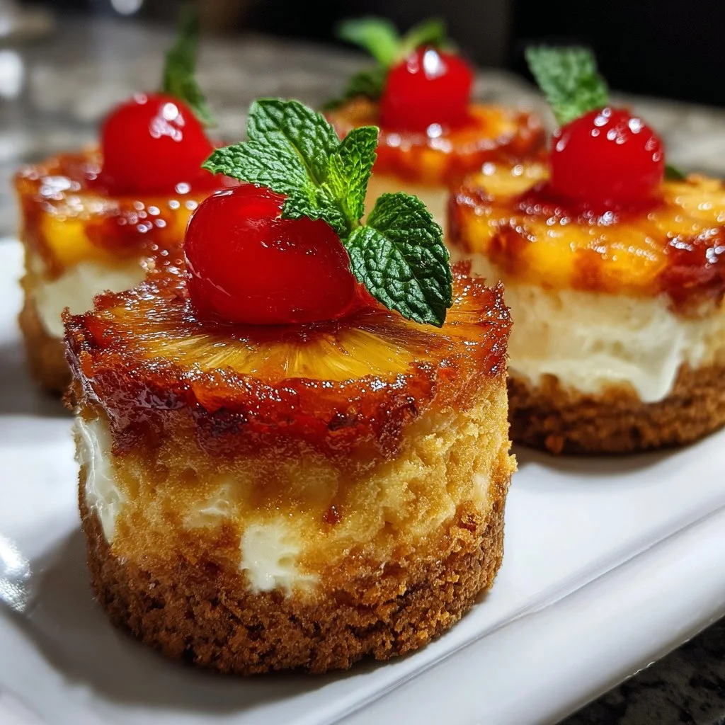 Mini pineapple upside-down cheesecakes with cherries and caramel topping