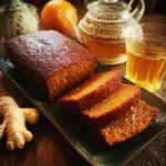 Slice of Orange Ginger Honey Cake with citrus glaze and honey drizzle on a white plate.