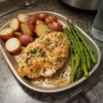 Delicious Parmesan-Crusted Chicken on a sheet pan with vegetables