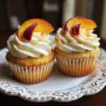 Peach Bellini Cupcakes topped with sparkling peach frosting and garnished with fresh fruit.