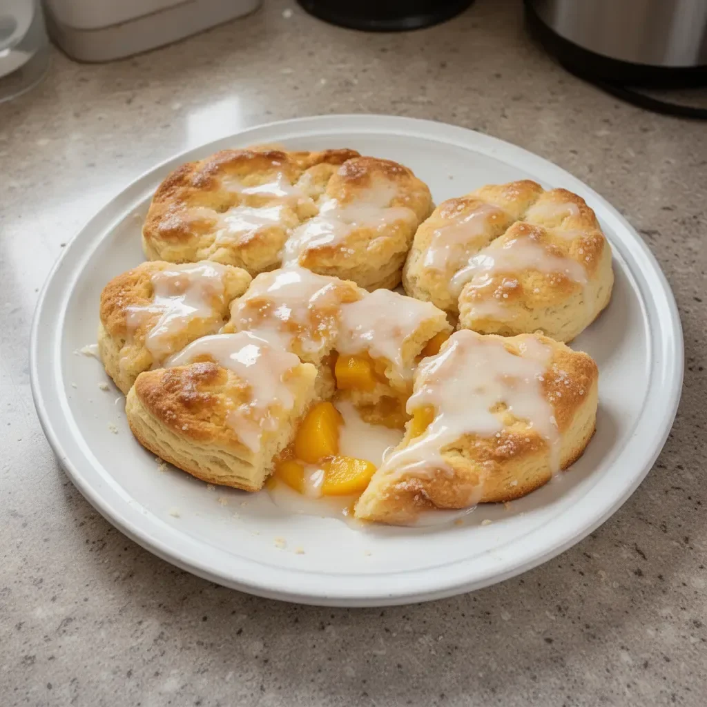 Freshly baked Peach Butter Swim Biscuits on a wooden table