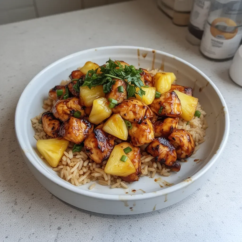 Delicious Pineapple Chicken served over rice with fresh pineapple chunks.