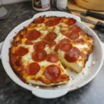 Delicious Pizza Style Cottage Cheese Bake topped with fresh toppings