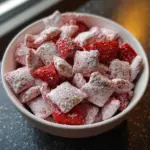 Bowl of Quick Strawberry Shortcake Puppy Chow with fresh strawberries