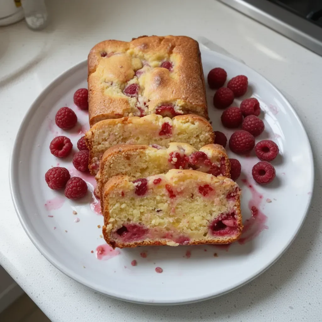 Delicious raspberry lemon loaf cake with fresh raspberries and lemon zest