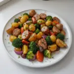 Delicious roasted vegetable and chicken sausage sheet meal ready to serve.