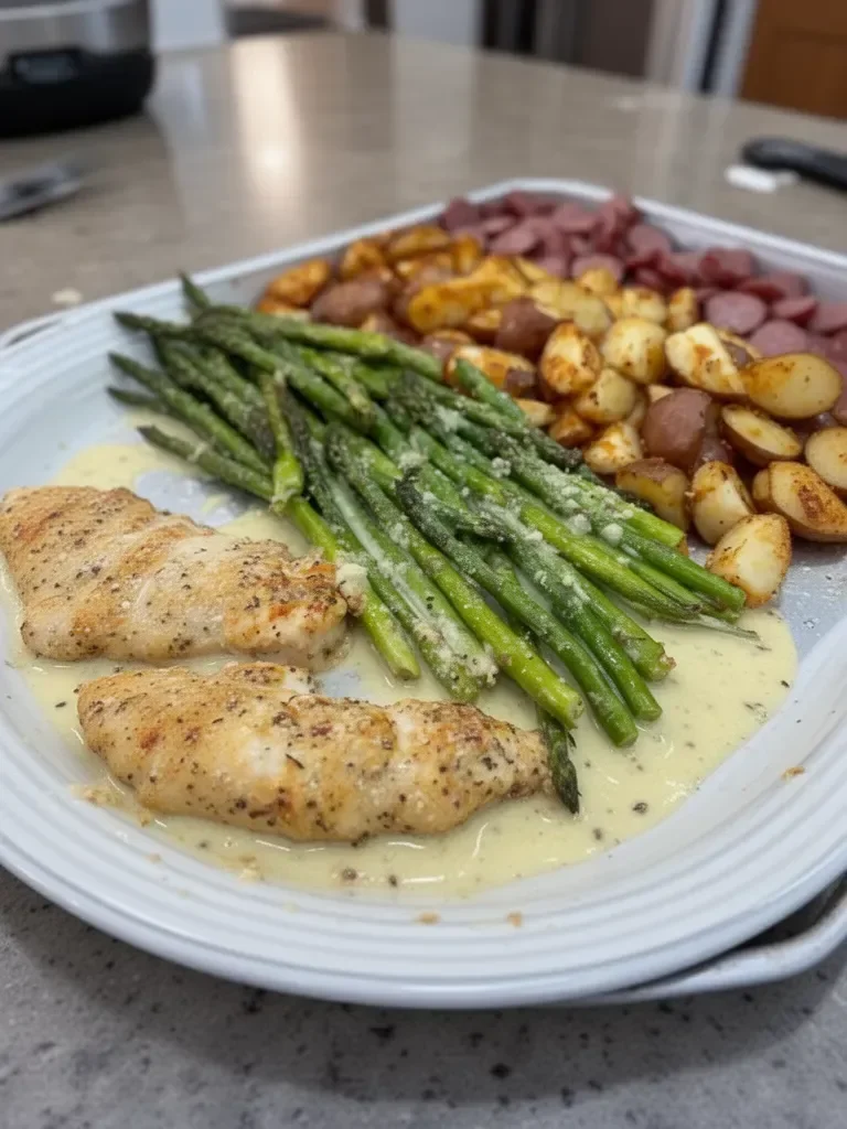 Sheet Pan Chicken Tenders with Garlic Parmesan Sauce