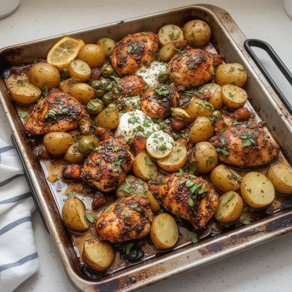Sheet pan lemon balsamic chicken with roasted potatoes in a flavorful glaze