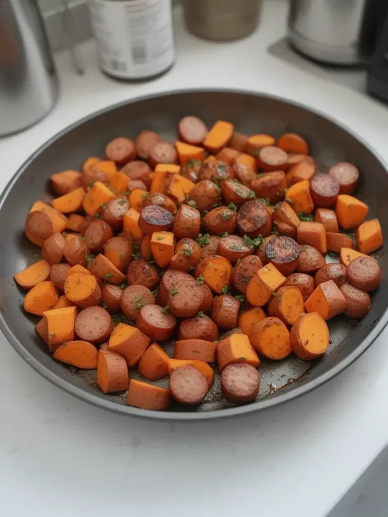 Sheet Pan Sausage and Sweet Potatoes with Honey Garlic Sauce