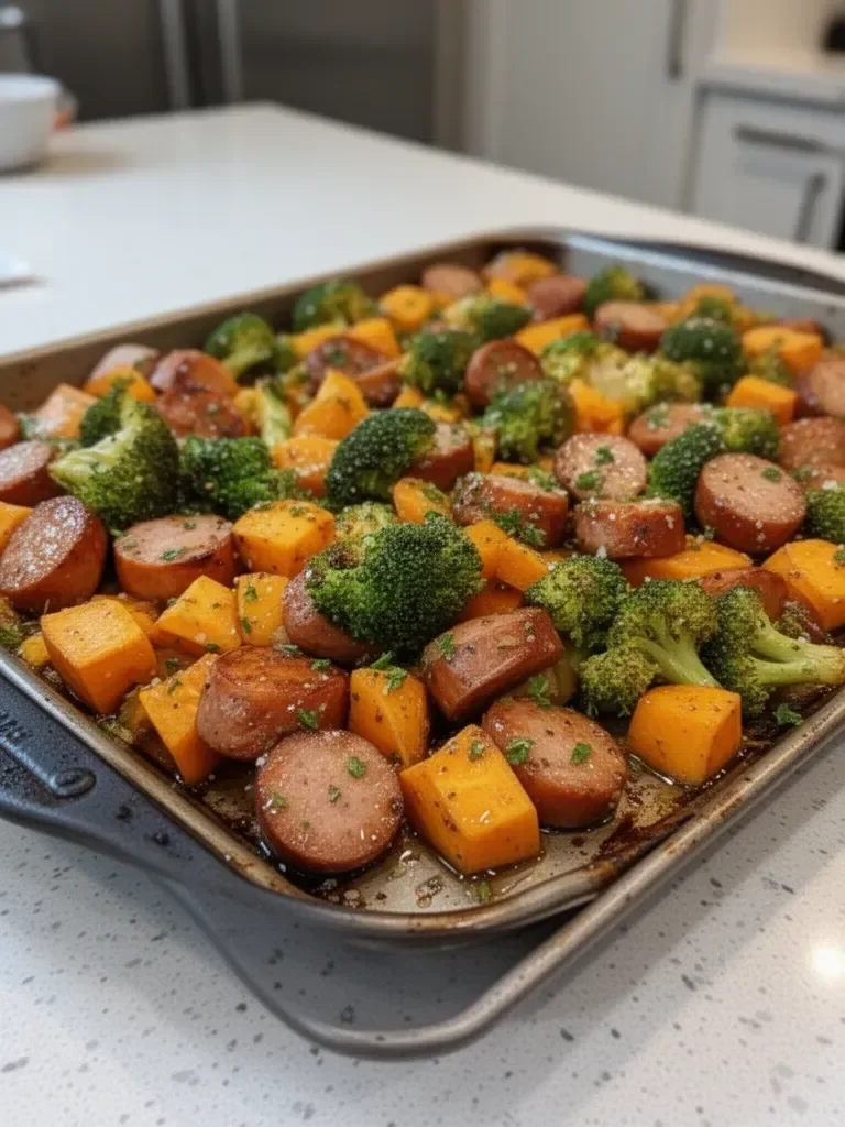 Sheet Pan Sausage and Sweet Potatoes with Honey Garlic Sauce