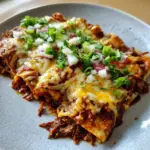 Delicious shredded beef enchiladas garnished with fresh ingredients.