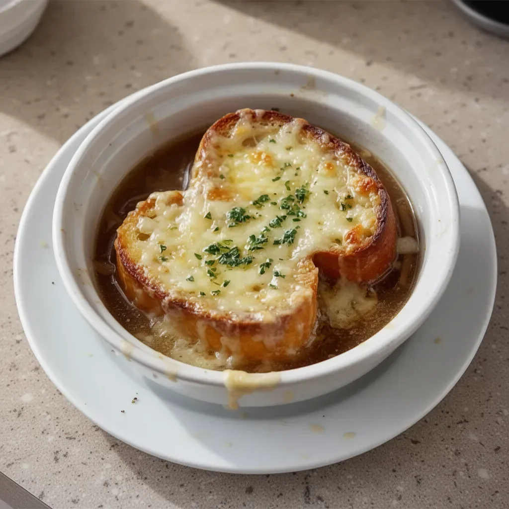 A bowl of delicious Slow Cooker French Onion Soup topped with melted cheese.