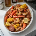 Delicious Spicy Cajun Seafood Boil with shrimp and crab in a vibrant spicy broth