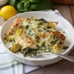 Delicious Spinach Artichoke Chicken dish served on a plate with garnishes.