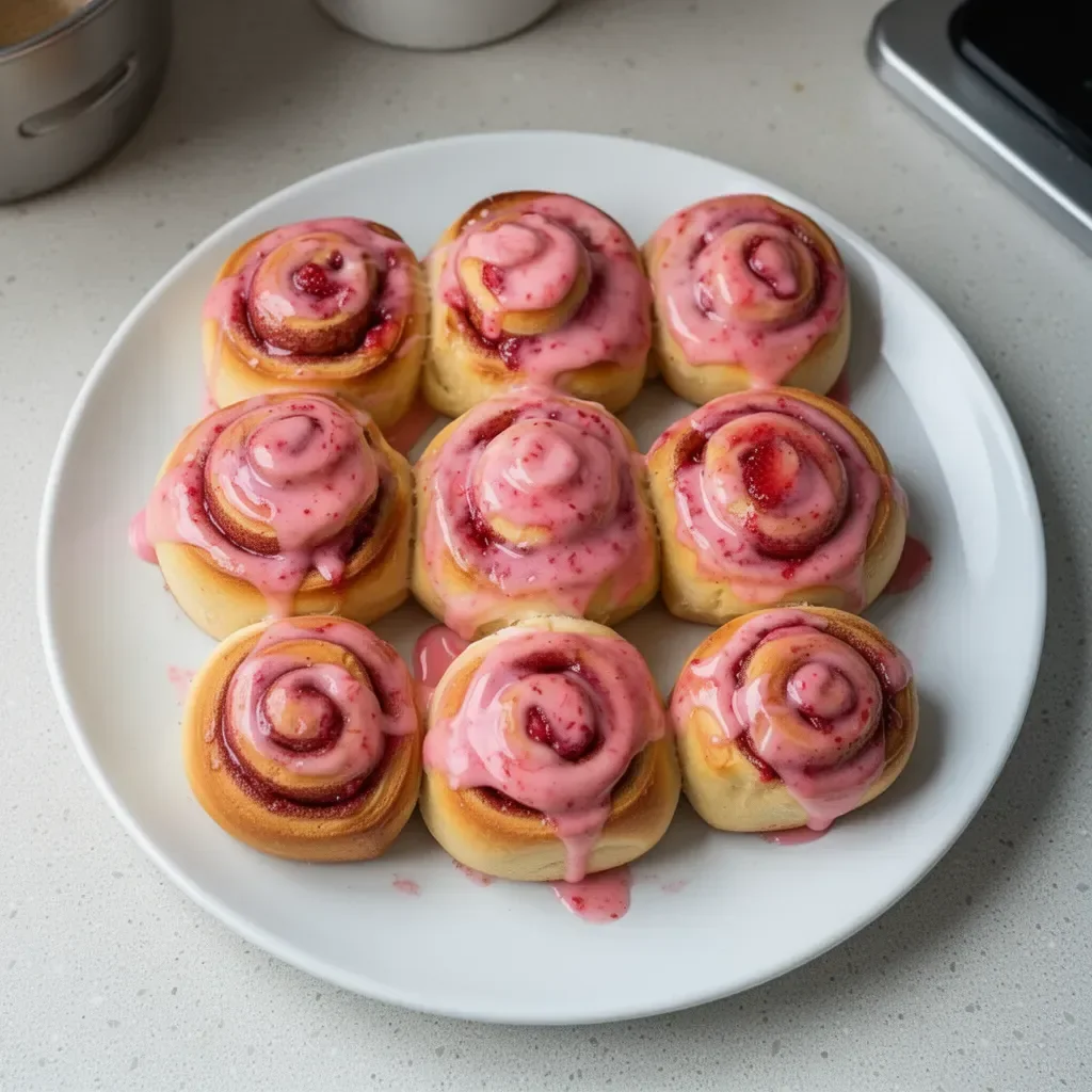 Freshly baked strawberry cinnamon rolls drizzled with icing on a cooling rack