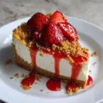 Delicious Strawberry Crunch Cheesecake with a creamy filling and crunchy topping