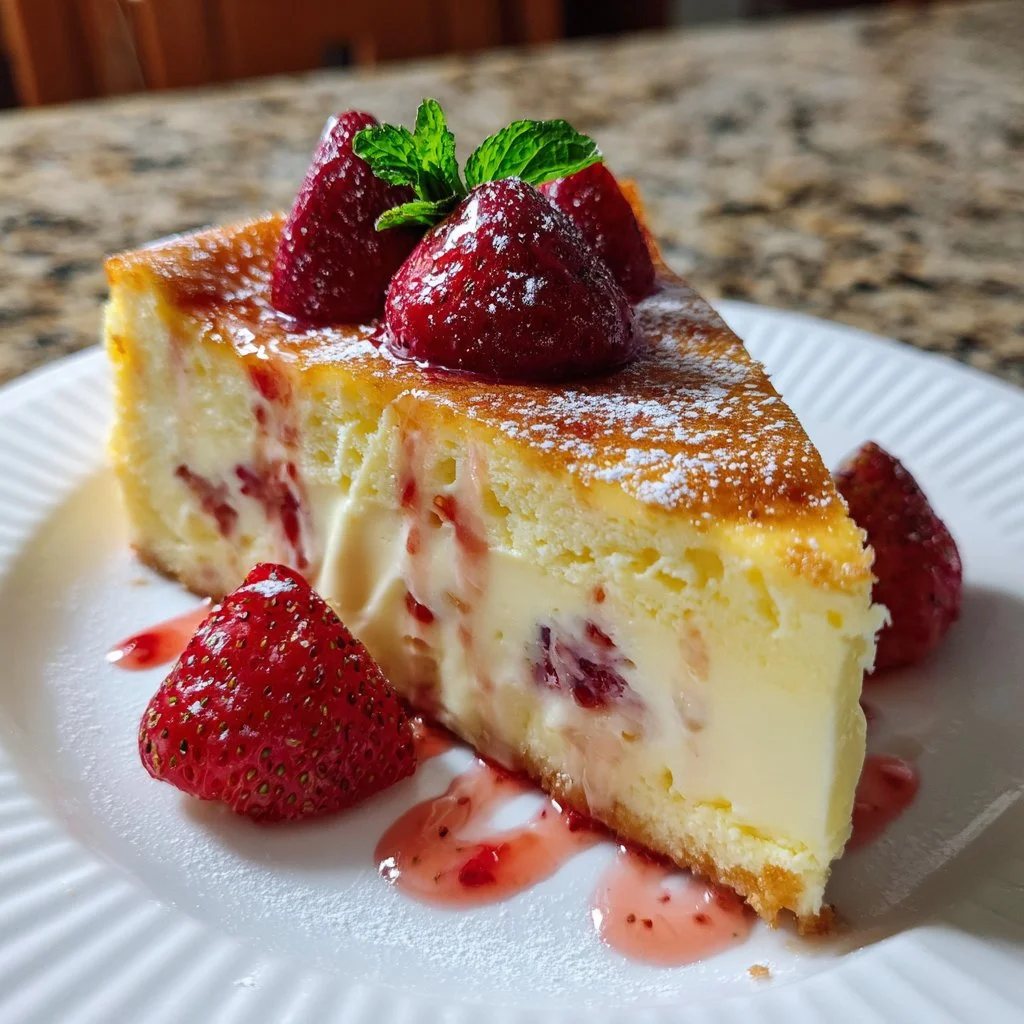 Delicious Strawberry Custard Cake topped with fresh strawberries and cream.