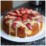 Delicious strawberry earthquake cake topped with fresh strawberries and cream.
