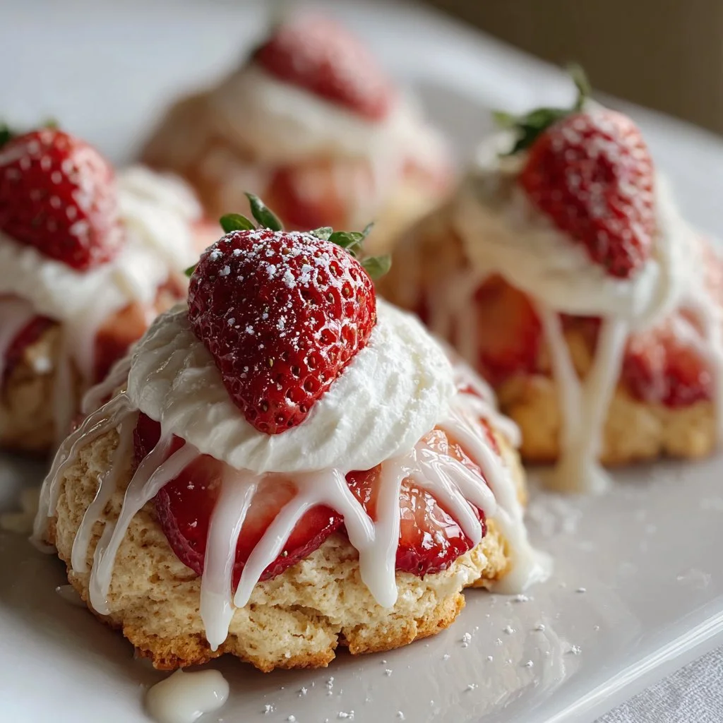 Freshly baked Strawberry Shortcake Cookies topped with strawberries and whipped cream