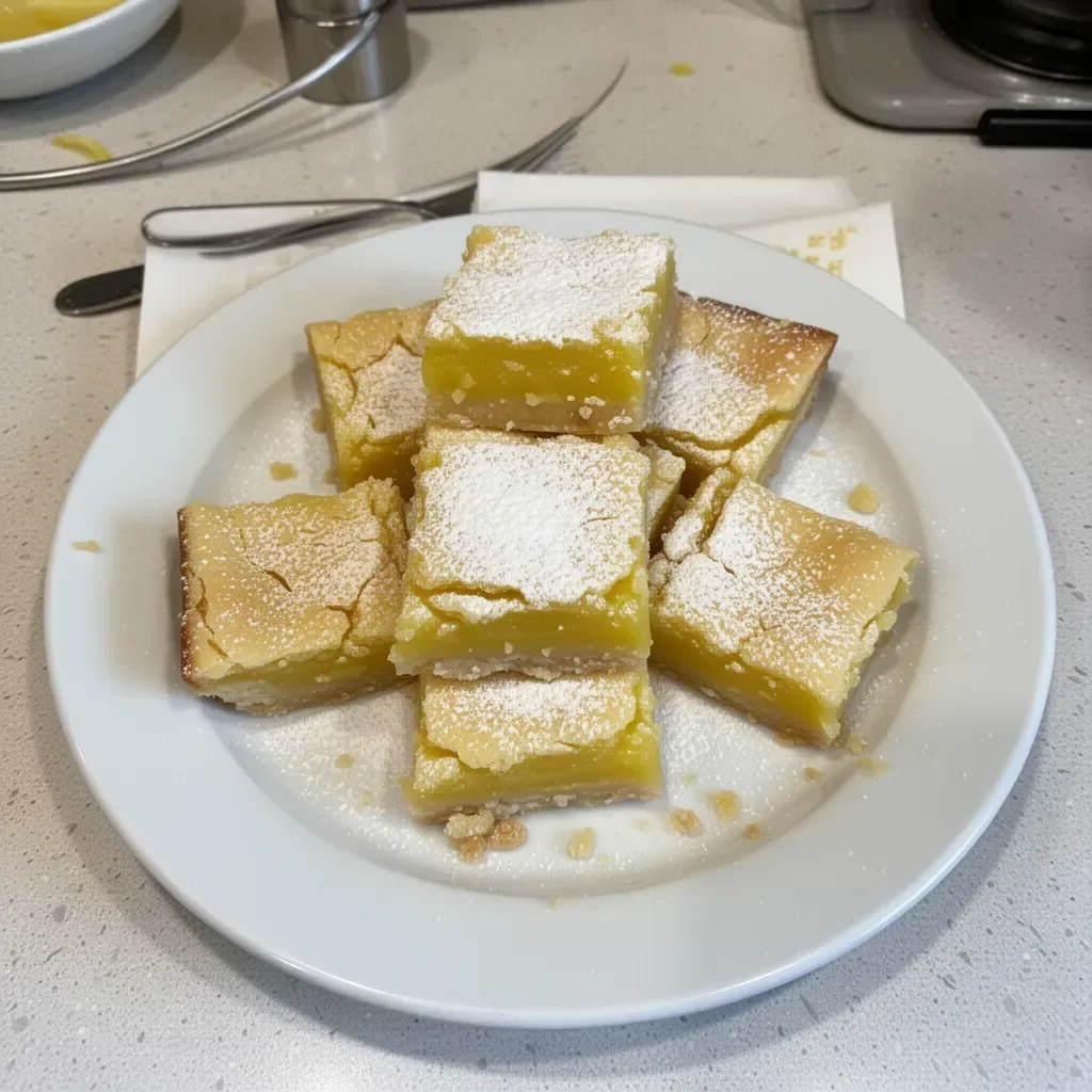 Delicious super easy lemon bars on a plate with a lemon slice garnish