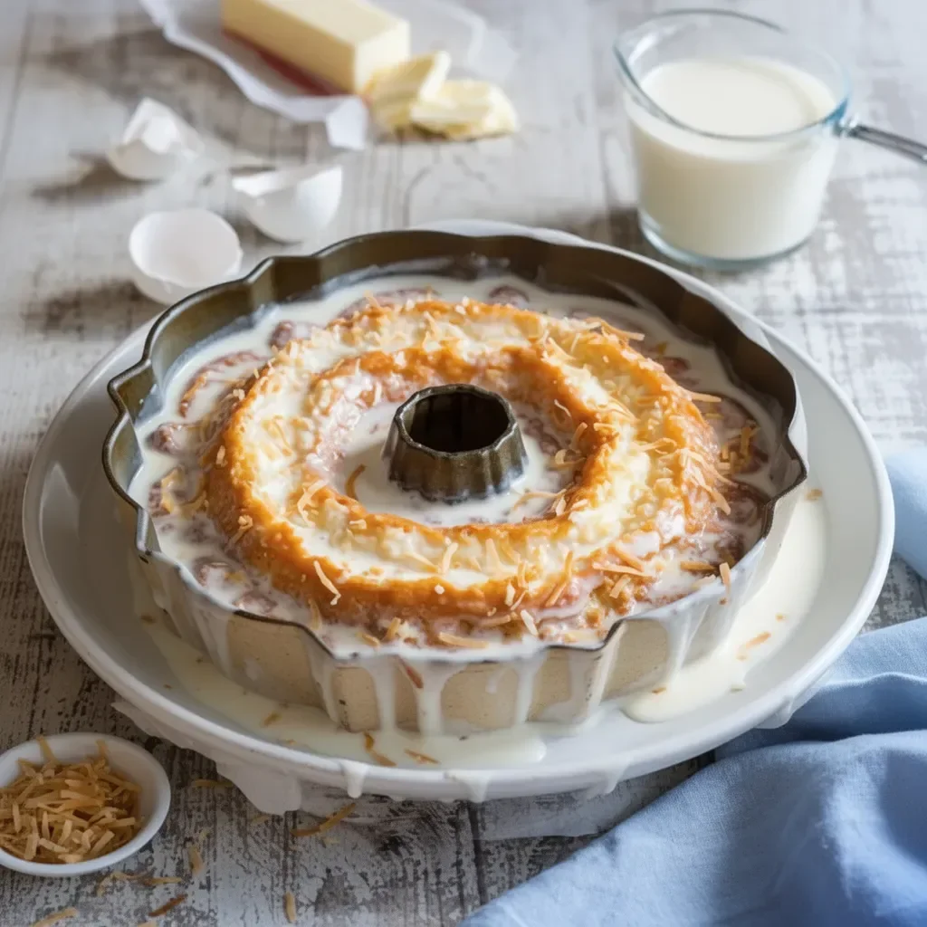 Toasted Coconut Tres Leches Pound Cake with coconut flakes on top