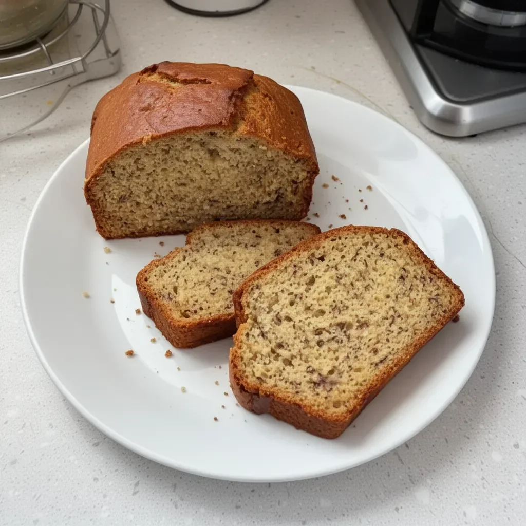Vegan Banana Bread loaf with ripe bananas and walnuts on a wooden cutting board