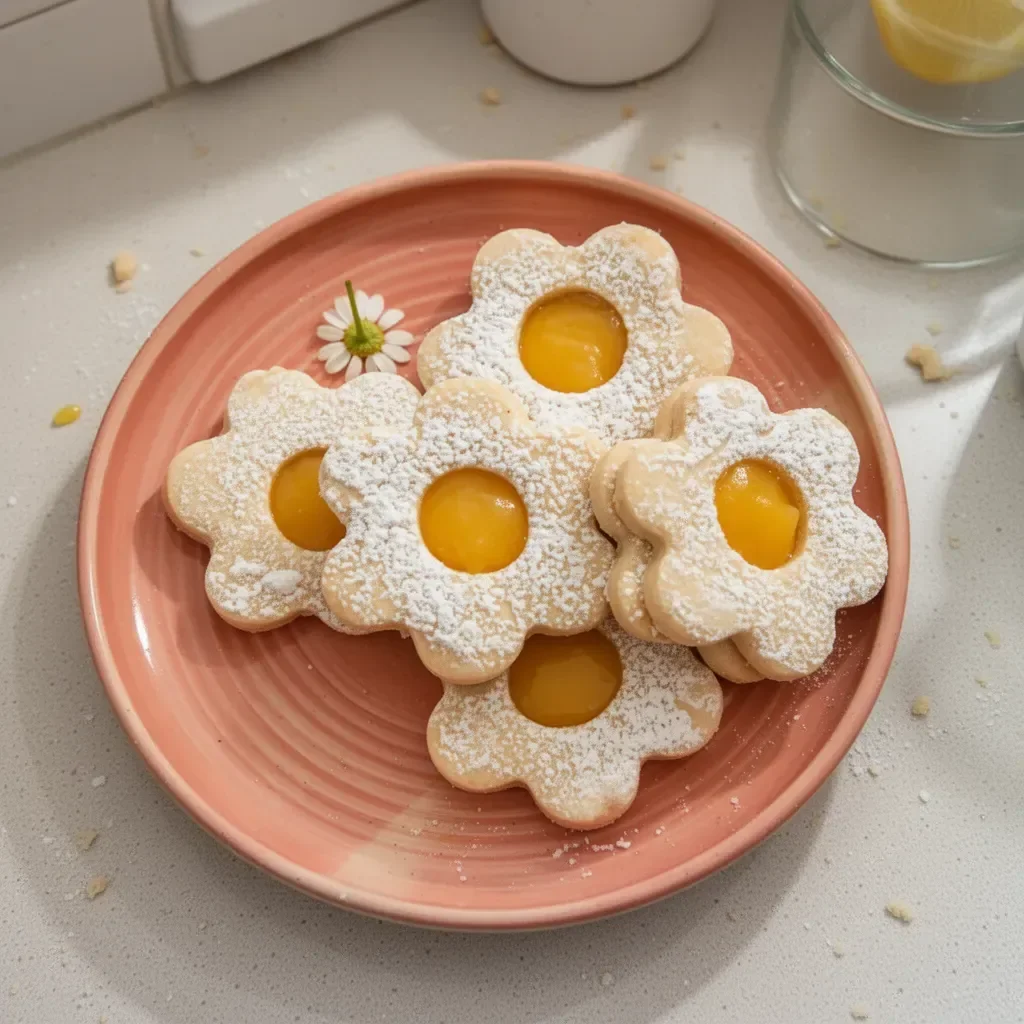 Vegan Lemon Curd Shortbread Cookies topped with lemon zest and icing.