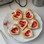 Vegan Strawberry Cream Danishes on a plate, garnished with fresh strawberries.