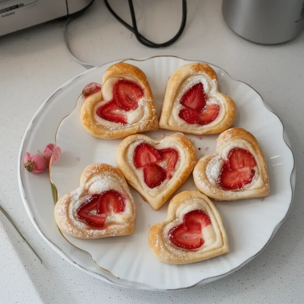 Vegan Strawberry Cream Danishes on a plate, garnished with fresh strawberries.