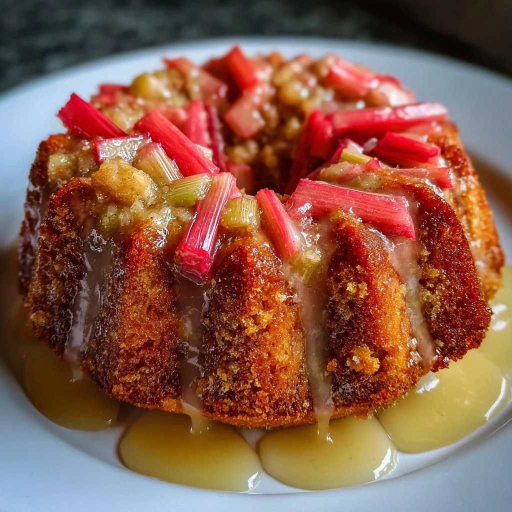 Delicious warm rhubarb cake served with a creamy butter sauce