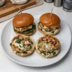 White cheddar and spinach chicken burgers served on a plate