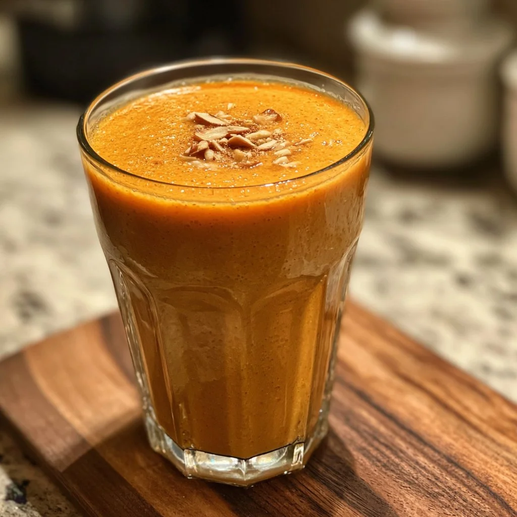 Delicious and creamy sweet potato smoothie in a glass with toppings