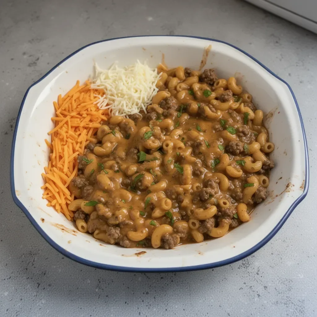 Delicious 4 ingredient hamburger casserole fresh out of the oven