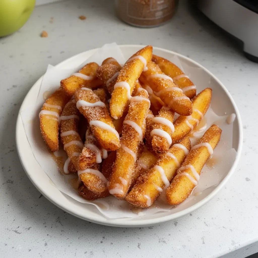 Delicious air fryer apple fries served with caramel dipping sauce.