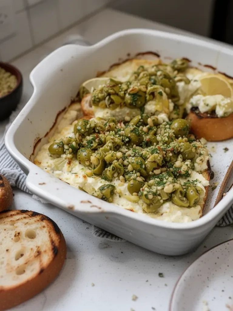 Baked Feta and Artichoke Dip with Olive Gremolata