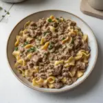 Plate of Beef Stroganoff with ground beef, creamy sauce, and mushrooms