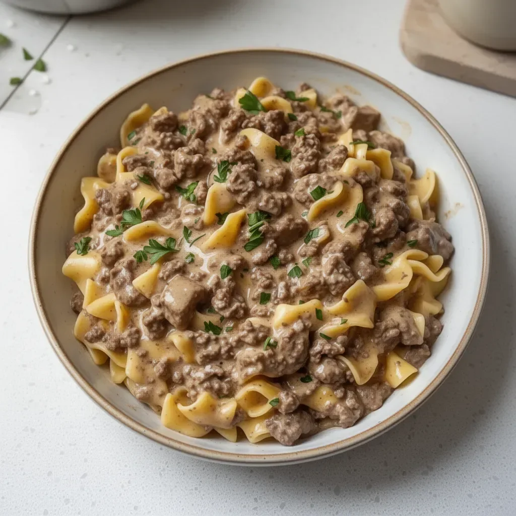 Plate of Beef Stroganoff with ground beef, creamy sauce, and mushrooms