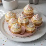 Delicious mini birthday cheesecakes topped with fruit and cream