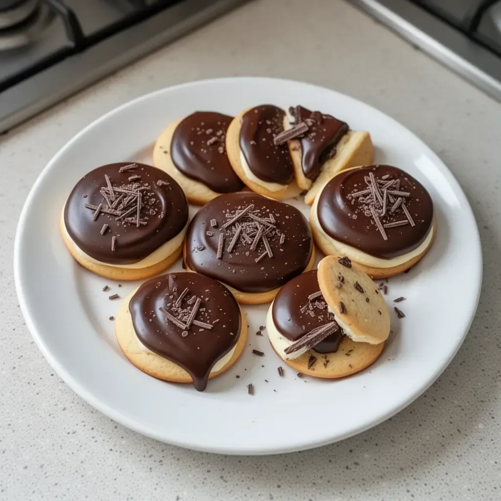 Freshly baked Boston Cream Pie cookies with chocolate ganache filling
