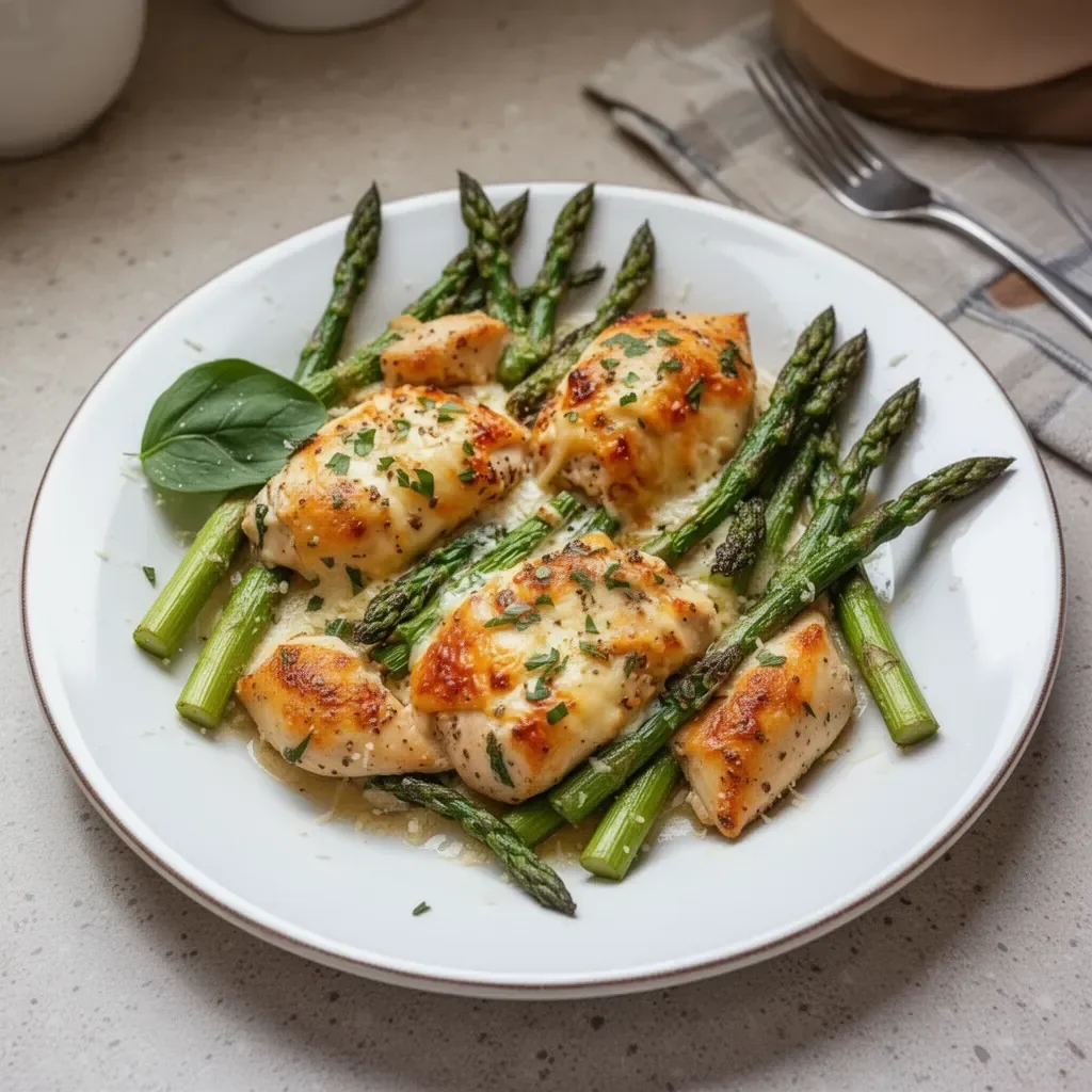 Plate of Caesar Chicken with fresh asparagus garnished with parmesan cheese.