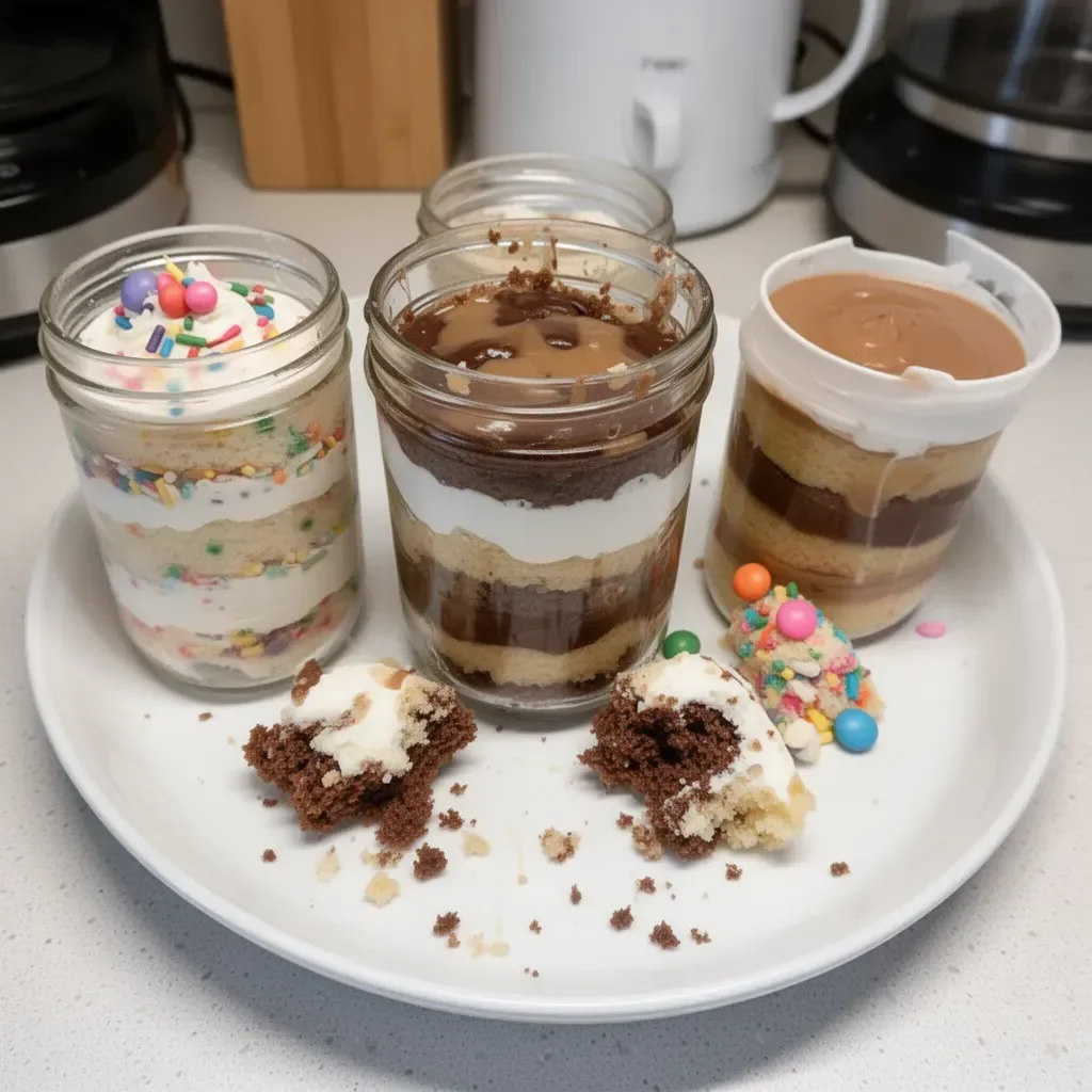 Delicious layered cake in a jar with colorful frosting and toppings