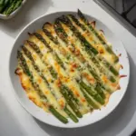Cheesy baked asparagus topped with melted cheese served on a plate