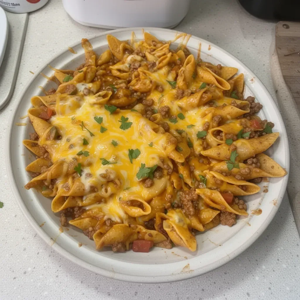 Delicious bowl of Cheesy Enchilada Hamburger Helper topped with cheese and herbs.